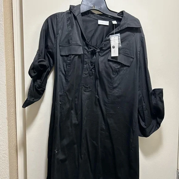 new york and company shirt dress Striped Contrast Collar Cotton Blend Mini Shirt Dress - SMALL / Black